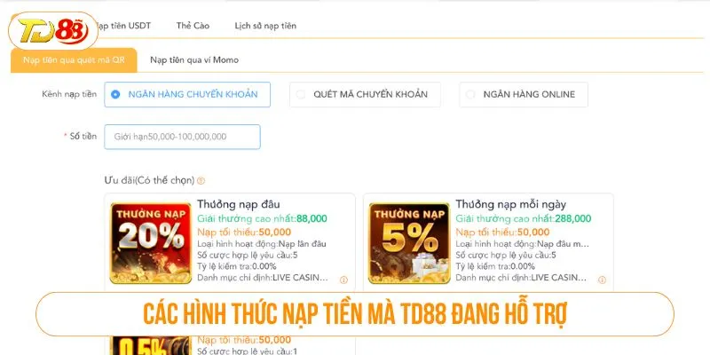 Nạp Tiền TD88 Nhanh Chóng – An Toàn | Hướng Dẫn Mới Nhất Các hình thức nạp tiền mà TD88 đang hỗ trợ